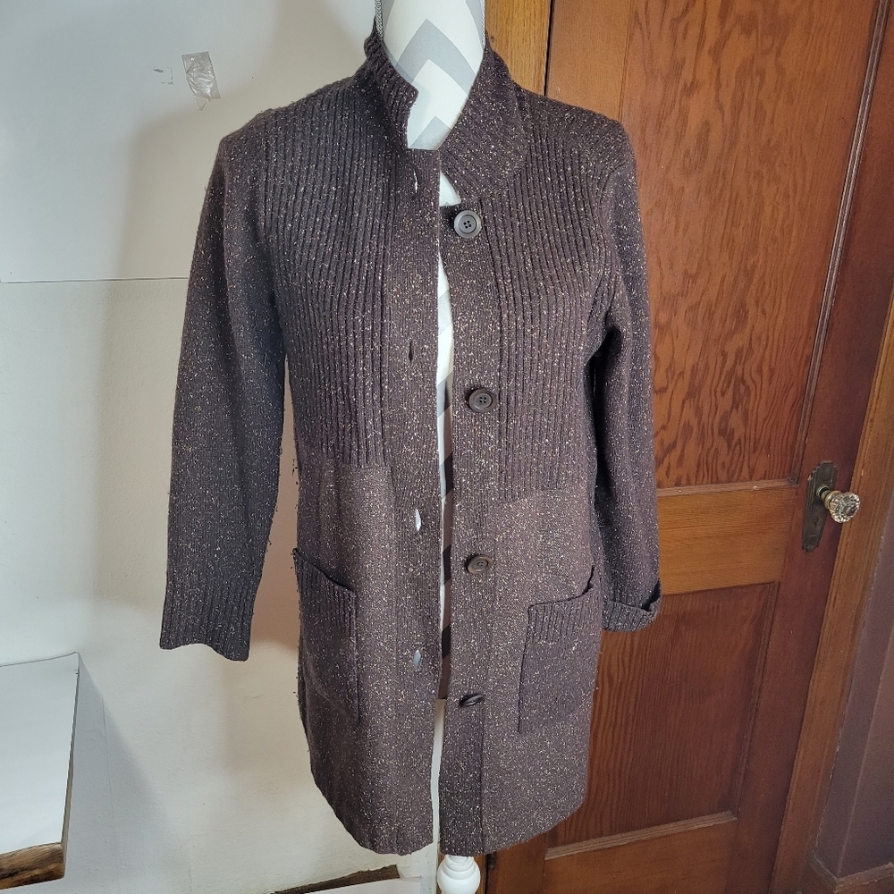 Womans Eileen Fisher Brown Speckled Longer Sweater Cardigan Size Petite Small